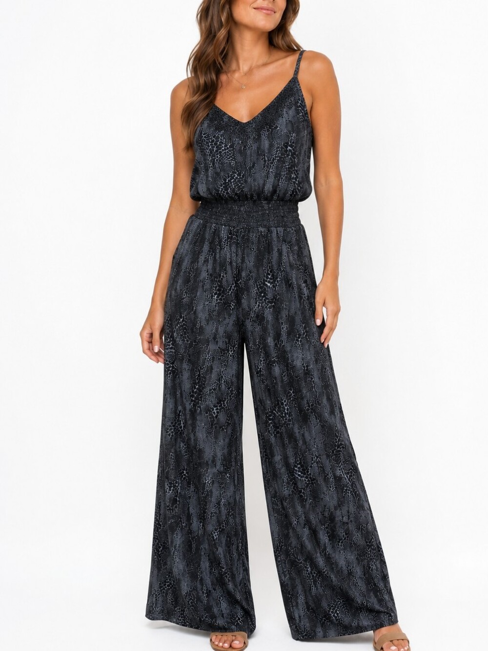 Khush Beaded Animal Print Wide Leg Jumpsuit Gray Black Resort Boho Size L